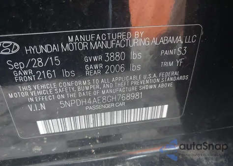 2016 Hyundai Elantra Se from USA, damaged, VIN 5NPDH4AE8GH768981